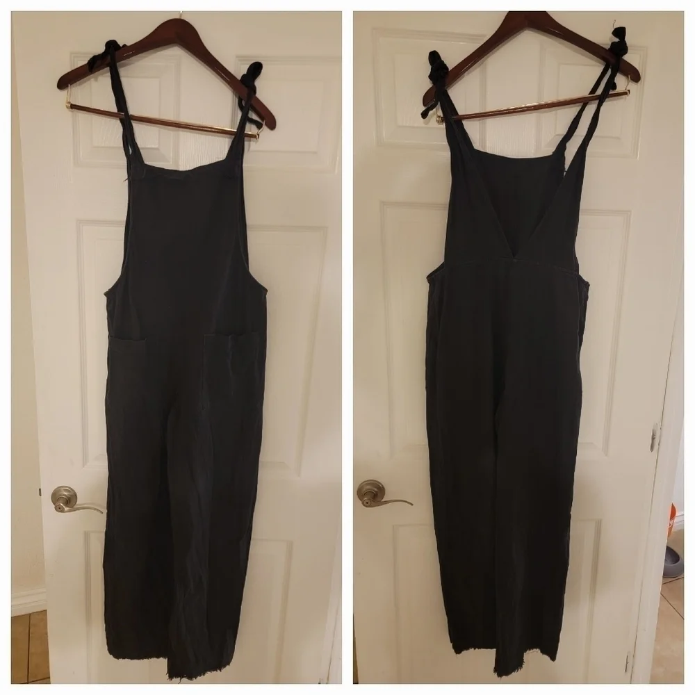 Tiger Mist Jumpsuit Sz M Straight Fray Leg Wash Black Coastal Lagenlook - Picture 1 of 10
